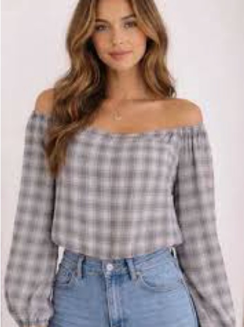 Abercrombie & Fitch Gray Plaid Off-Shoulder Puff Sleeve Top
